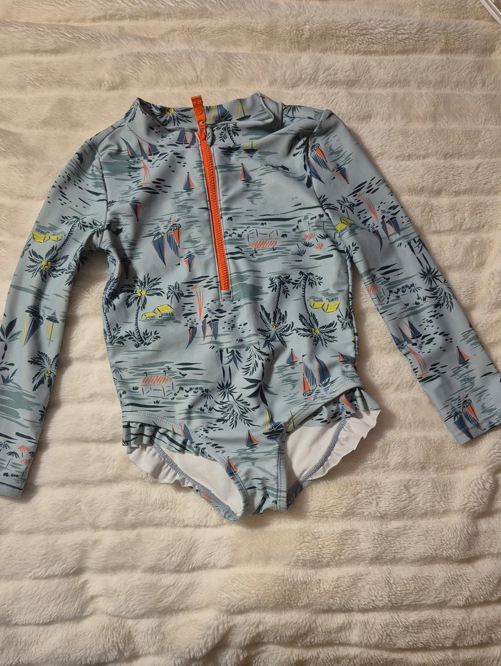 Carter's Light Blue Long-Sleeve Swim Suit with Orange Zip